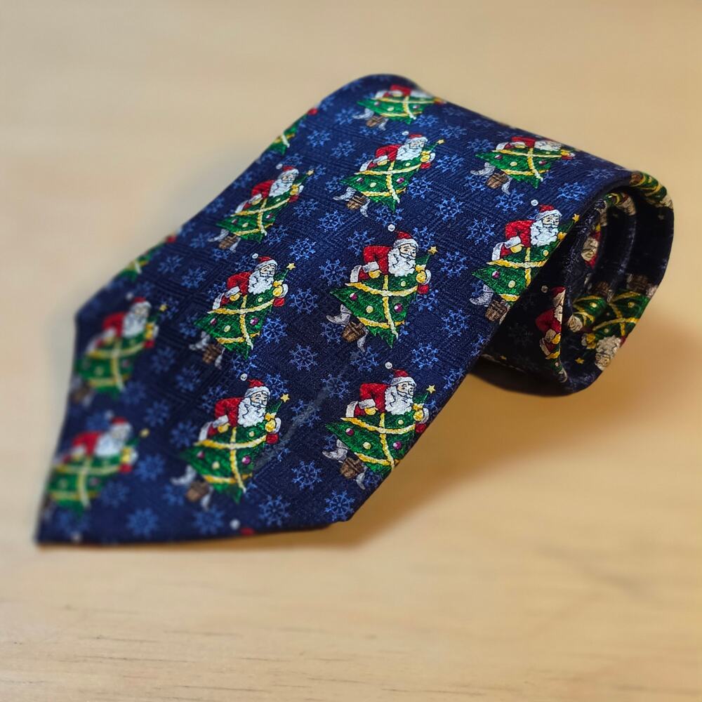 Vintage Jingle Bells Mens Silk Christmas Tie Navy Blue Santa Claus Necktie